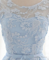 Blue Round Neck Lace Short Prom Dress, Blue Bridesmaid Dress, Homecoming Dress